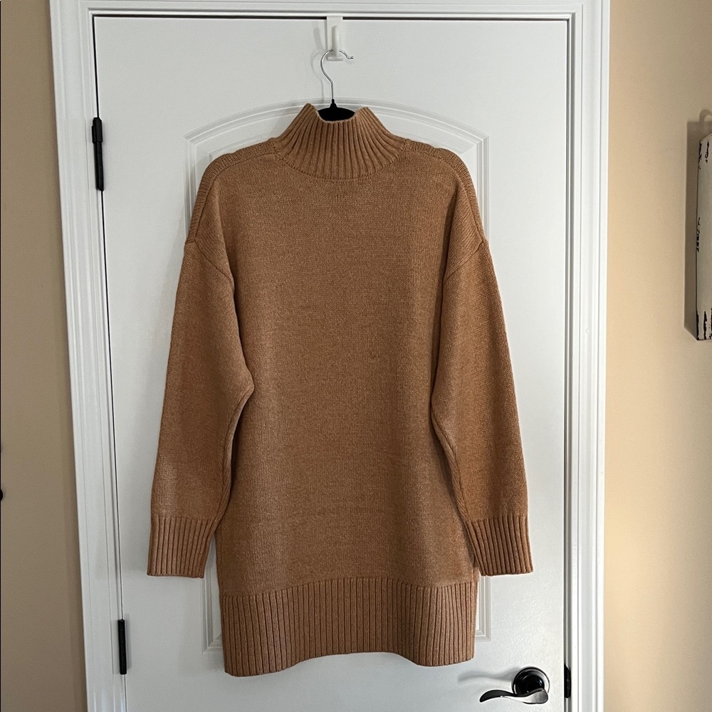 Zenana Sweater Dress Size Large Camel Mock Neck Oversized Cozy Knit Fall Winter - Picture 5 of 8